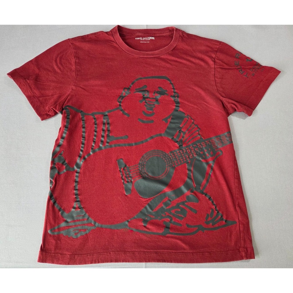 True Religion Shirt Mens Medium Red Black Big Logo Streetwear Stretch Y2K